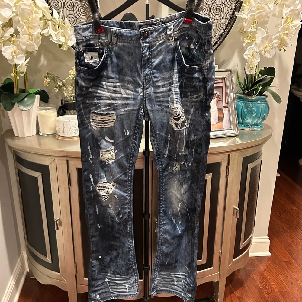 Laguna Beach Men's Straight Ripped Jeans in Dark Blue Wash